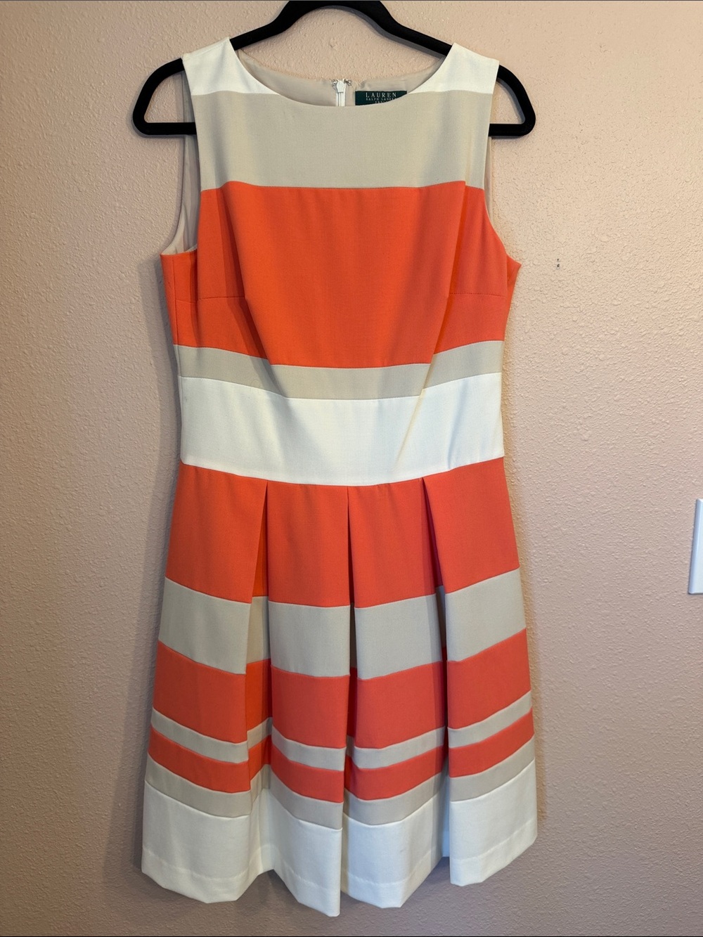 Lauren‎ Ralph Lauren Orange Tan White Striped Fit & Flare Dress 10